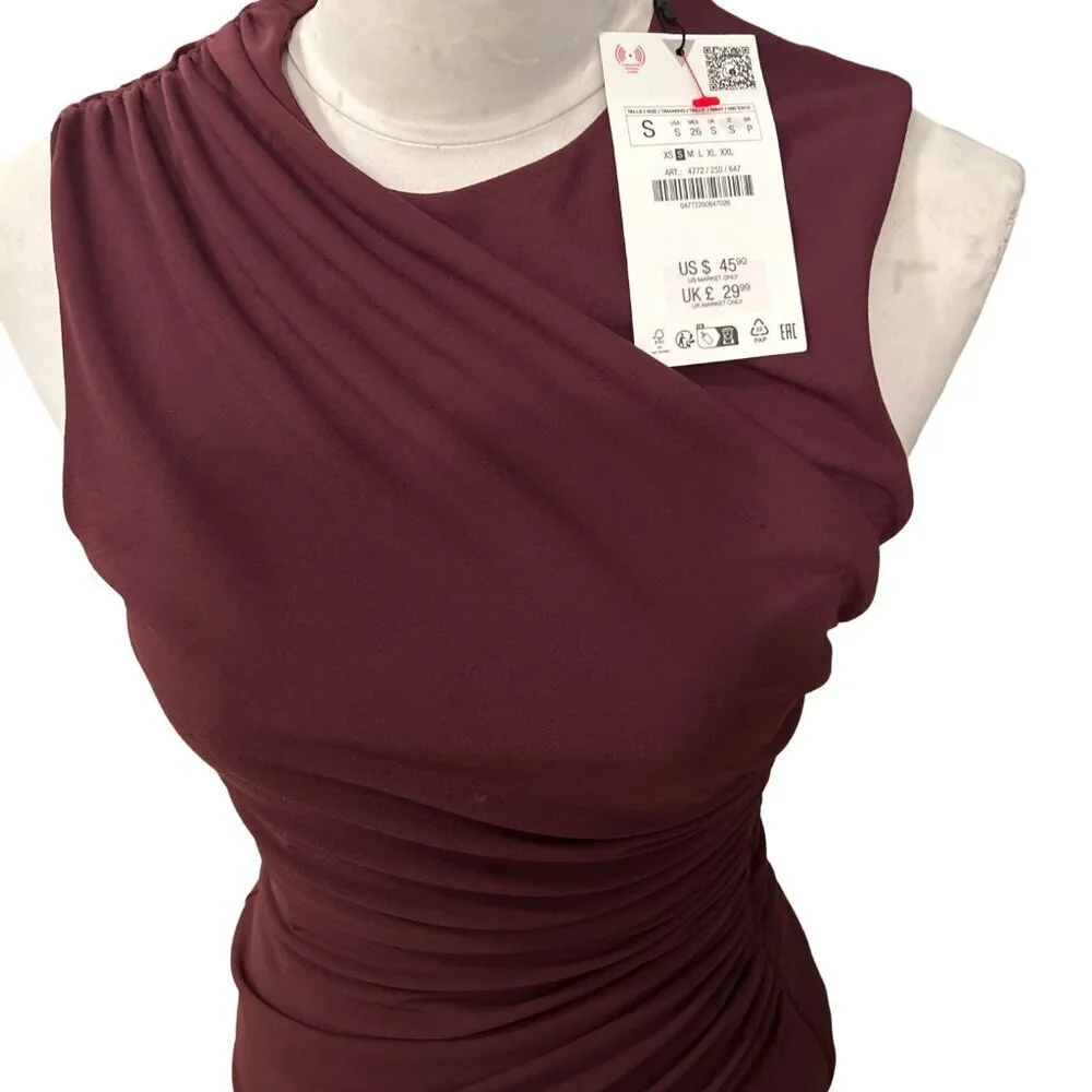 Zara Women's Sleeveless Ruched Bodice Dress Minimalism Deep Plum Size Small - Picture 4 of 6